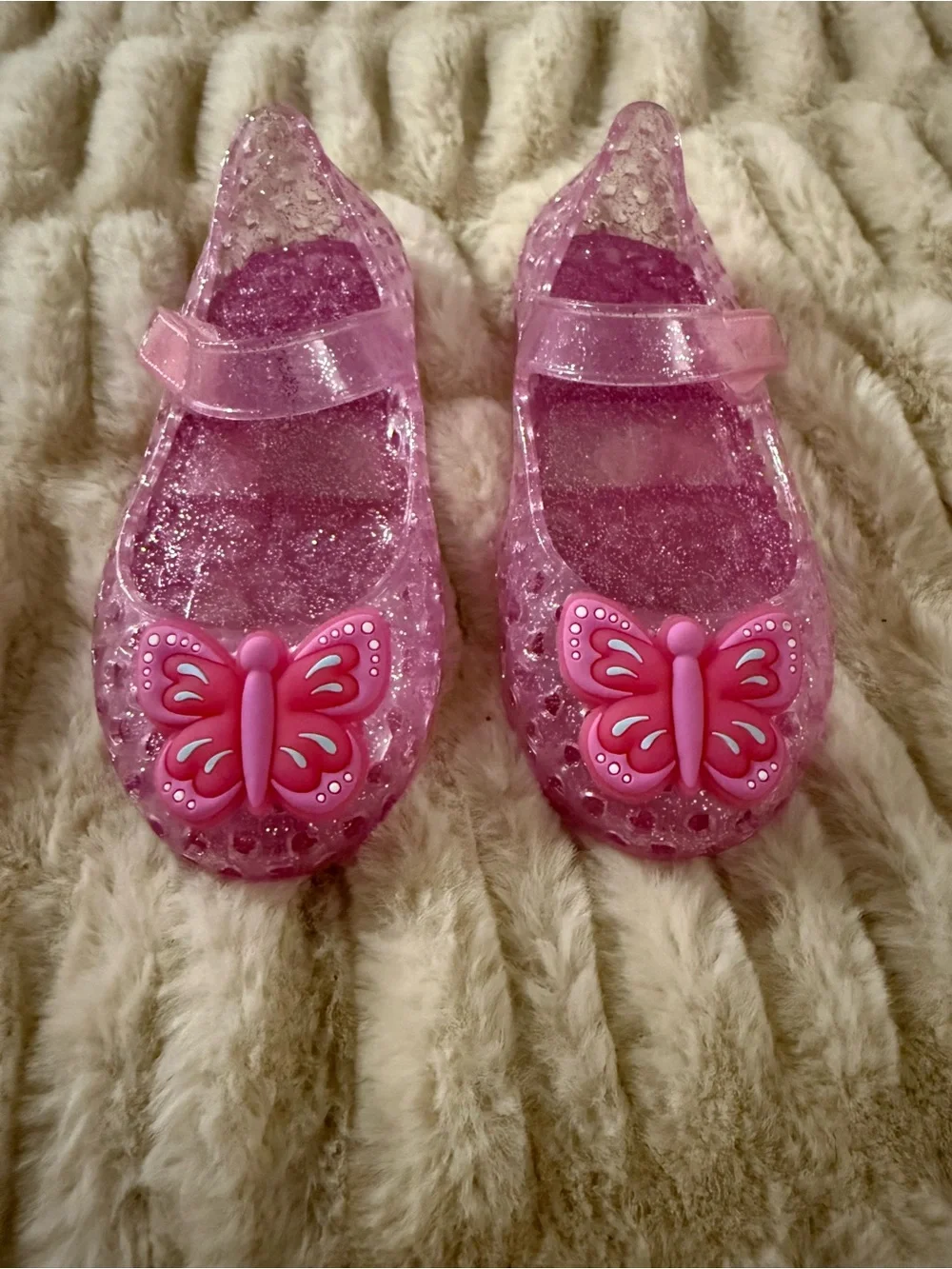 Pink Glitter Jelly Mary Jane Shoes for Kids with Butterfly Accent